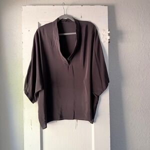 Sen 100% Silk V-Neck Dolman Sleeve Blouse Charcoal Gray OS Oversized Top